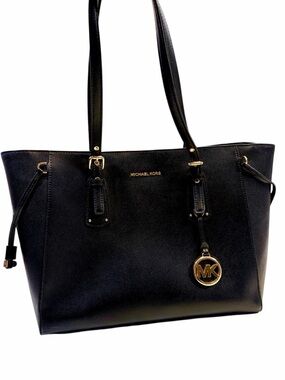 Authentic Michael Kors Voyager Crossgrain Leather Tote Black/Gold Hardware